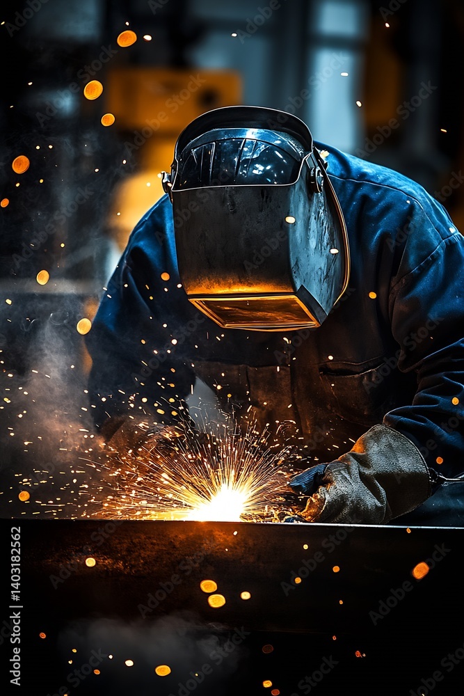 Poster welder engaged in a detailed welding task with intense sparks and a protective mask : generative ai