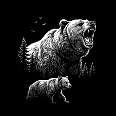 Grizzly Bear with Cub Illustration on Transparent Background