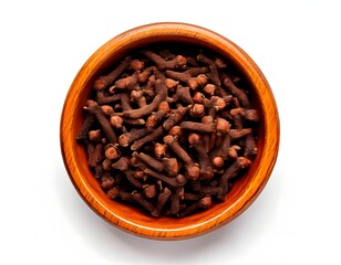 Dry cloves in bowl, top view, isolated on white background, organic aromatic spice for cooking, herbal remedy, natural seasoning for wellness, culinary ingredient, food blog or packaging design


