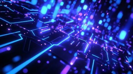 Obraz premium Pulsing neon blue hexagons dance over dark tech grid circuits in a futuristic illustration style