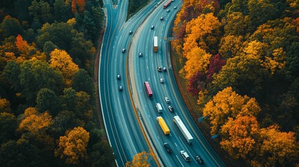 Autumn foliage and highway traffic in a fall landscape.