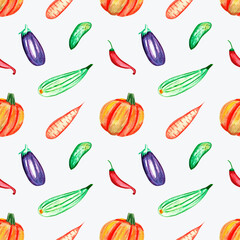 Pumpkins, hot peppers, zucchini, cucumbers, carrots and eggplant. Seamless pattern on a white background. Suitable for textiles, scrapbooking, wrapping paper, cards and invitations, holiday