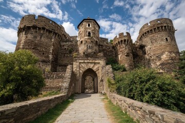 Medieval castle entrance under blue sky with clouds surrounded by green foliage