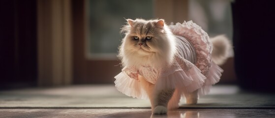 A fluffy Persian cat elegantly trots across the room, adorned in a floral dress with a frilly skirt, embodying charm and grace.