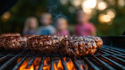 Juicy burgers grilling outdoors, kids watching sunset