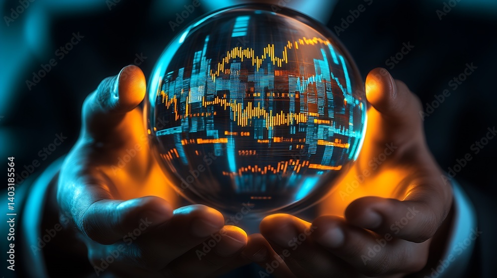 Aufkleber Close-up of a crystal ball held in hands displaying dynamic stock market graphs for financial insights : Generative AI