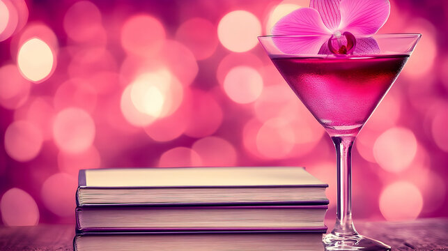 A vibrant pink cocktail with an orchid garnish, resting beside a stack of books.