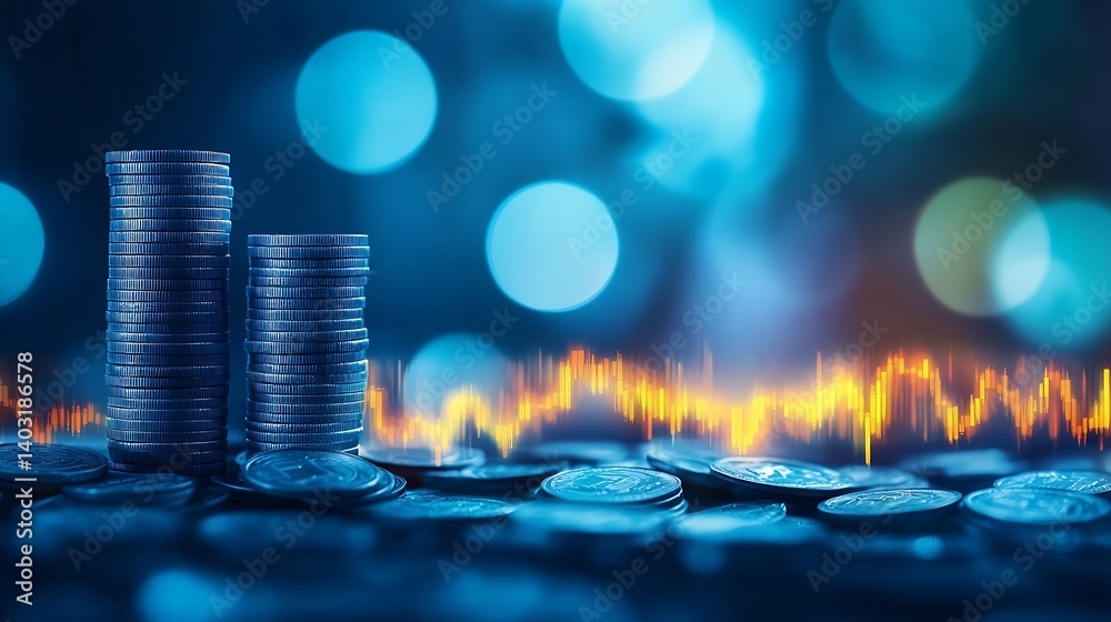 Poster Stunning close up view of stacked coins with a vibrant sound wave design in a financial setting : Generative AI