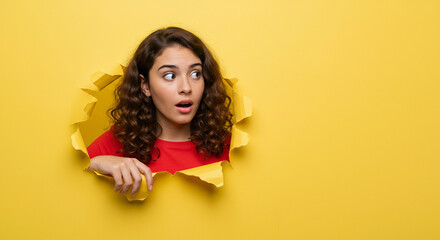 Horizontal banner of young female tearing paper and peeking out hole, curious about commercial offer on copy space on right, isolated on yellow background