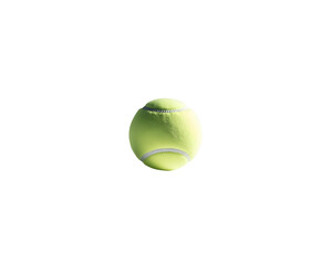 Bright yellow green tennis ball with white seams. Ideal for sports visuals, game elements, fitness concepts, and recreational designs against or on transparent PNG background.

