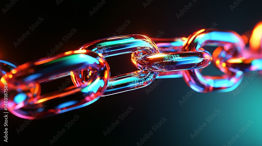 Poster Intricate close-up view of a luminous chain exhibiting striking colors against a dark background for artistic effect : Generative AI