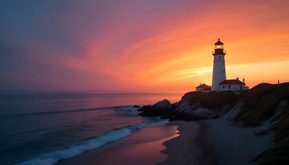 Fototapeta premium Coastal Lighthouse Sunset Cliffs Ocean Waves, lighthouse on the coast at beautiful dawn background, created with generative ai
