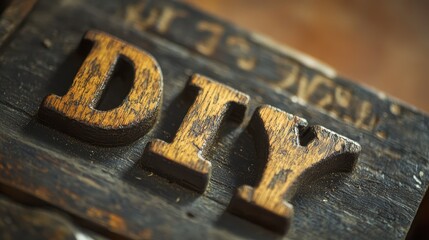 The word "DIY" carved in wood
