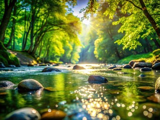 Fototapeta premium Pure water's gentle flow creates a peaceful river scene, lush greenery, bokeh effect.