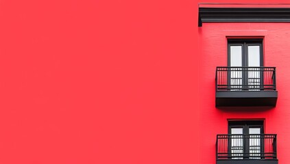 Obraz premium An eye-catching view of modern red apartment buildings with elegant balconies, contrasted against a dynamic gradient background