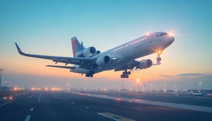 Fototapeta premium Airplane taking off from the airport. Passenger plane fly up over take-off runway from airport, created with generative ai