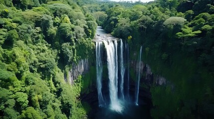 Naklejka premium Majestic Waterfall Cascading Through Lush Rainforest Canopy - Aerial View