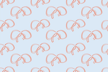 Seamless pattern of thin ribbon bows. Bows outline on a blue background.