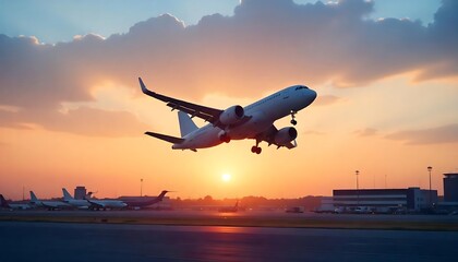 Fototapeta na wymiar Airplane taking off from the airport. Passenger plane fly up over take-off runway from airport, created with generative ai