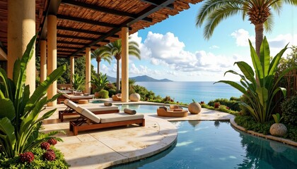 Luxury resort pool overlooking tropical ocean landscape  