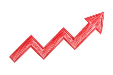 Hand drawn red upward arrow graph isolated on transparent background. Png