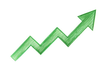 Hand drawn green upward arrow graph isolated on transparent background. Png