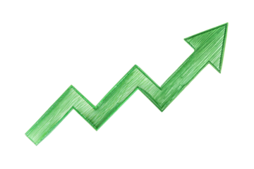 Hand drawn green upward arrow graph isolated on transparent background. Png