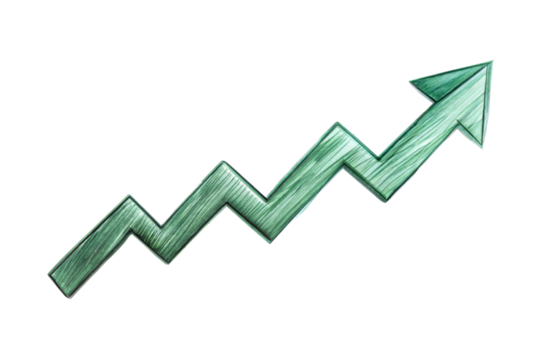 Hand drawn green upward arrow graph isolated on transparent background. Png