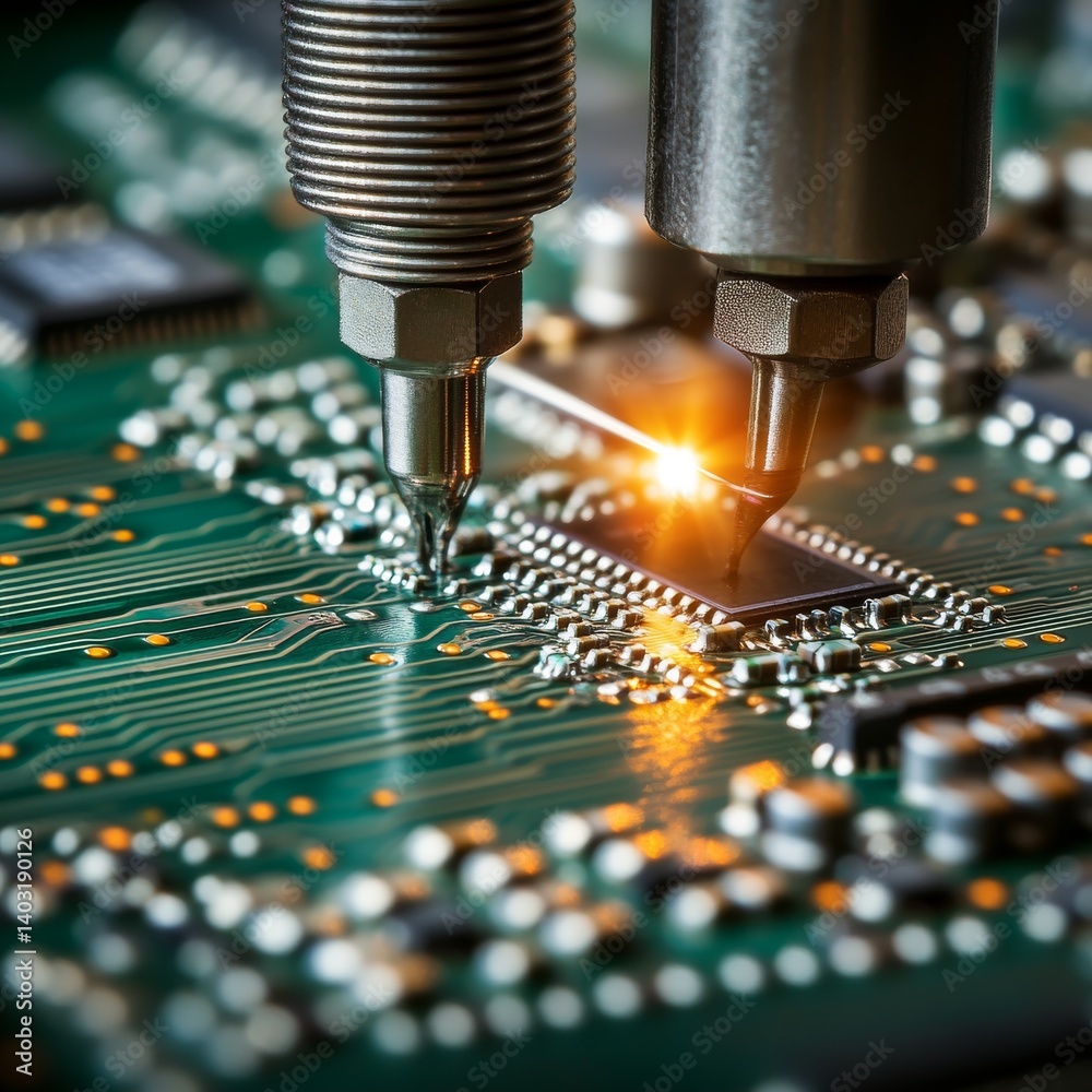 Poster a zoomed-in image of a precision instrument working on a microprocessor circuit board in a state-of-