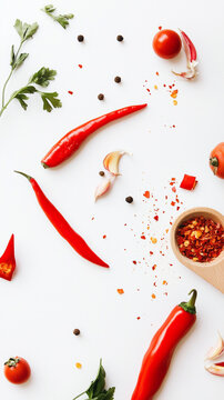 Flat Lay of Fresh Chili Peppers and Herbs on White Background