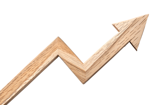 Wooden upward arrow graph isolated on transparent background. Png - Powered by Adobe