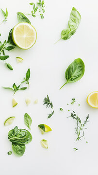 Citrus and Herbs Arrangement on Clean White Surface