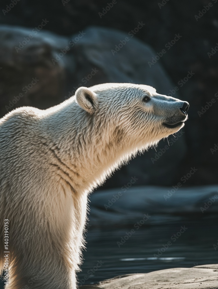 Poster polar bear walking slowly in side view under cold light showcasing its smooth fur in a serene landsc