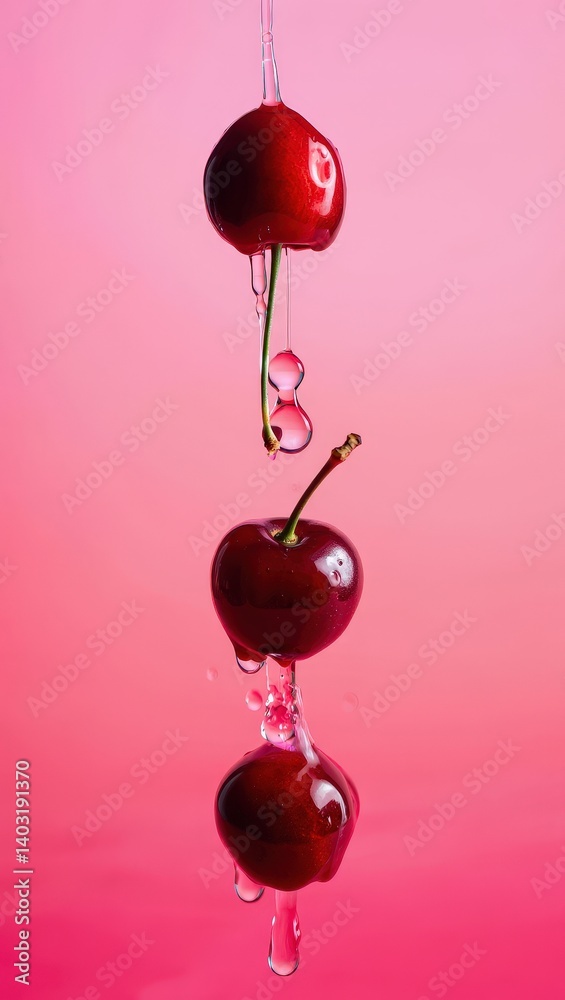 Poster a string of red cherries hanging from the ceiling, each attached to a stem, dripping water droplets.