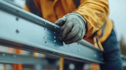 Construction worker securing a metal railing. Featuring safety and precision