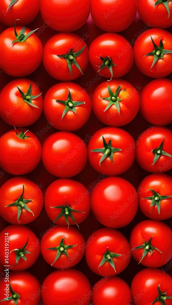 Poster A close-up image of ripe red tomatoes with green stems, arranged in rows on a surface.