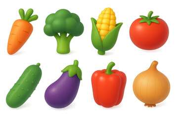 Vibrant 3d vegetable icons set: carrot, broccoli, corn, tomato, cucumber, and more