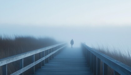 Naklejka premium Misty morning walk on a wooden boardwalk.