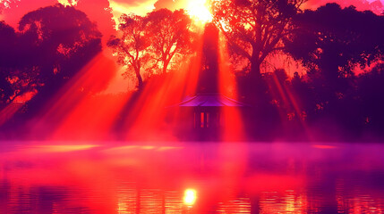 Obraz premium A vibrant sunrise paints the misty lake with fiery rays.