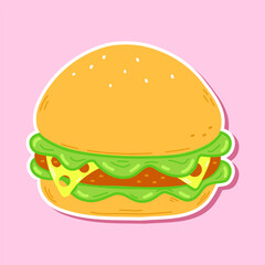 A delightful, cartoon-style burger, featuring cheese and lettuce, presented on a pretty pink background.