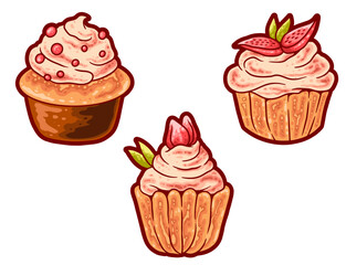 Sweet Delights: Close-up shot of artistically designed cupcakes adorned with a variety of elegant toppings. Collection pack. Perfect for print, t-shirt design, posters, stickers and branding