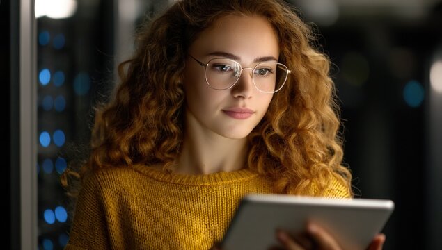 Woman using tablet in a server room for data management and analysis