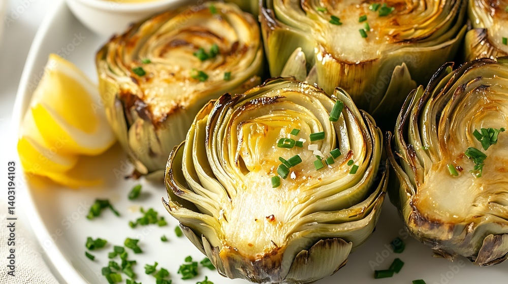 Poster perfectly roasted artichokes with bright lemon and fresh chives on a serve plate : generative ai