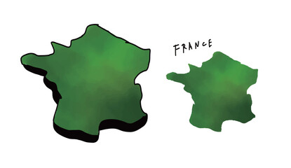 手書きで描いた立体的なフランスの地図の水彩ベクターイラスト