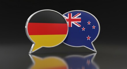 Naklejka premium Dialogue between Germany and New Zealand reflected in glossy speech bubbles