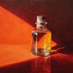 A glass bottle filled with golden liquid, bathed in vibrant sunlight.  Intense, warm colors create a dramatic, still life composition