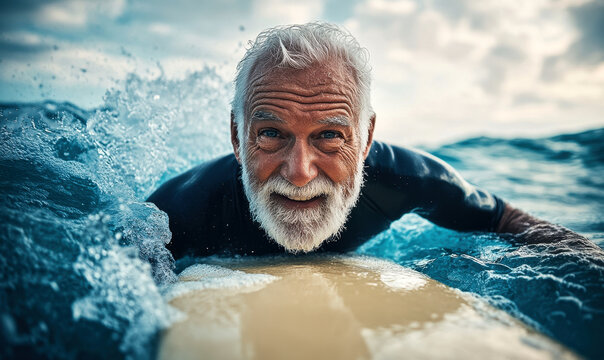 Happy senior man embraces the ocean while surfing, showcasing joy and adventure in vibrant colors under natural light