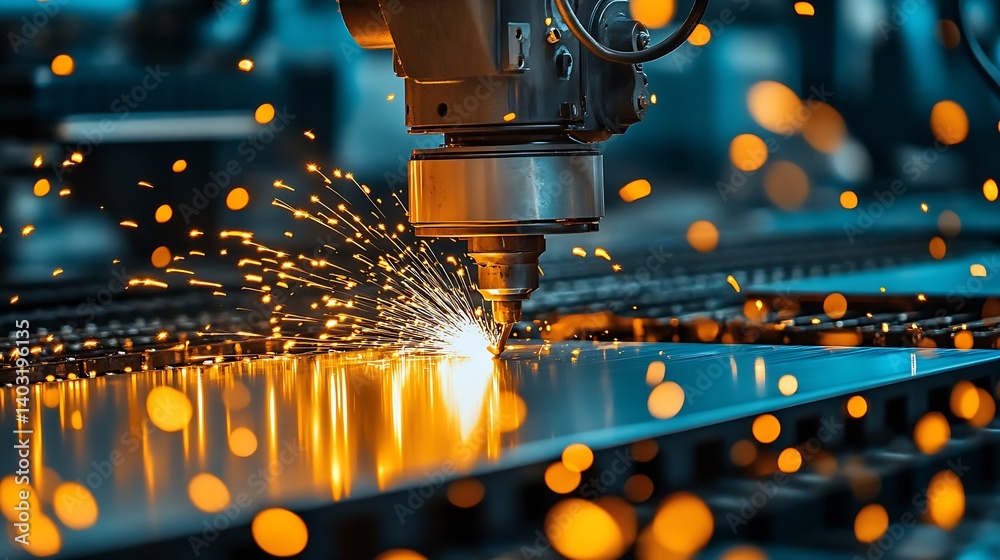 Aufkleber advanced laser cutting equipment generating sparks on metal sheets highlighting industrial manufactu