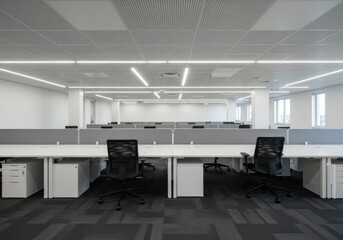 An empty office space with rows of desks and chairs in a modern and bright work environment setting