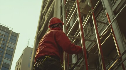 Construction worker setting up scaffolding. Featuring safety and preparation